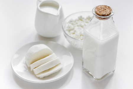 dairy products for proteic meal on white table backgroundの写真素材