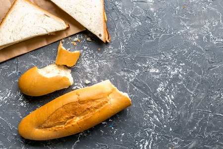 sandwich and baguette on table background top view mock-upの写真素材