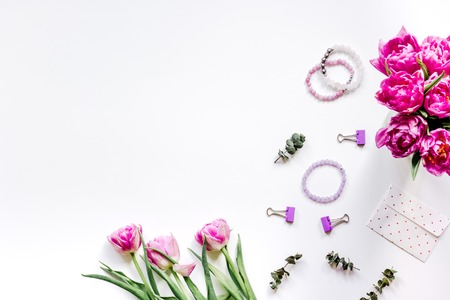 Woman office desk with flowers on white background top view mockupの写真素材