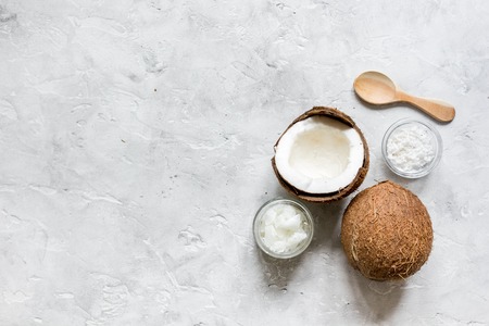 organic cosmetics with coconut on gray background top viewの写真素材