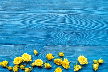 spring concept with yellow flowers on blue wooden table background top view mockupの写真素材