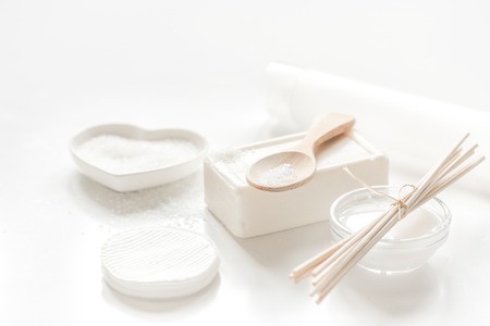 cosmetic set for homemade spa in body care consept on white woman table backgroundの写真素材