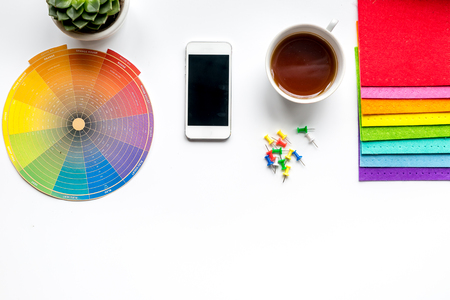 designer tools on work table white background top view mock upの写真素材