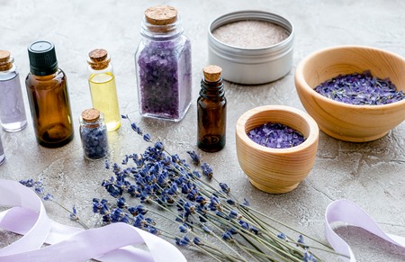 organic cosmetics with lavender on wooden backgroundの写真素材