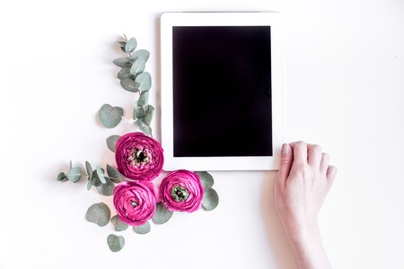 Floral pattern with bright flower on white background top view mockup