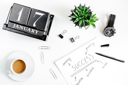 workplace with business plan on white background top viewの写真素材