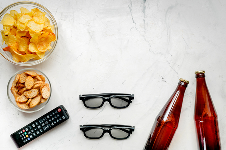 snacks for watching TV on white background top view mock-upの写真素材