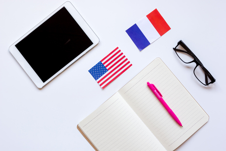 online language school lifestyle on white table background top viewの写真素材