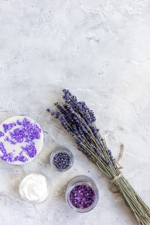 organic cosmetic with lavender salt on stone background top view mock upの写真素材