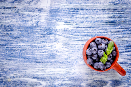 cup of blueberry design blue rustic background top view space for textの写真素材