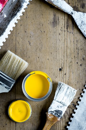instruments set for decorating and building renovation wooden background top view mockupの写真素材