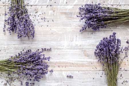 dry laveder bouquet on wooden background top view space for textの写真素材