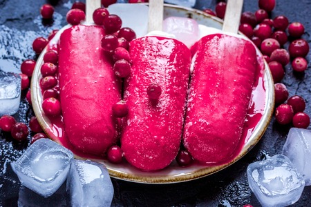 summer dessert with popsicle and red berries stone desk background