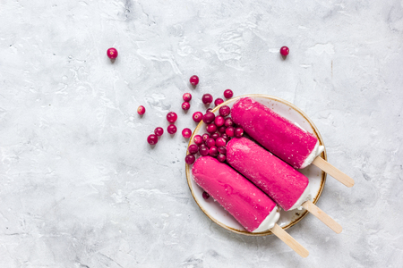 red berries with organic ice-cream on stone desk background top view mock-upの写真素材