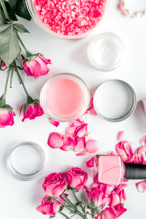 rose salt and cream for nail care in spa on white background top viewの写真素材