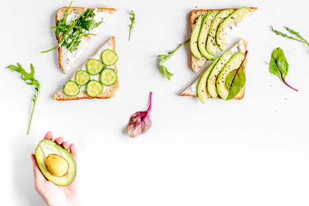 healthy breakfast with sandwiches set on white background top view mockupの写真素材