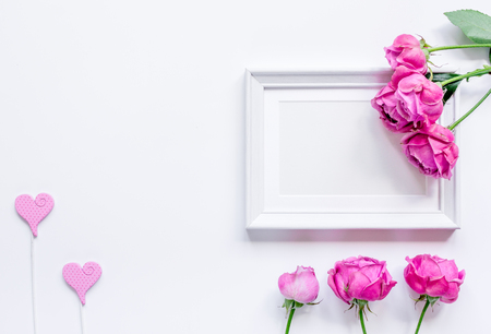 Spring design with peony flower and frame white background top view mock-upの写真素材