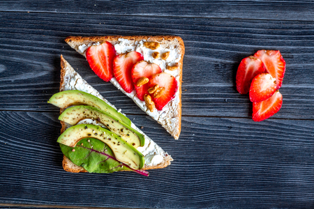 healthy breakfast with sandwiches set on white background top viewの写真素材