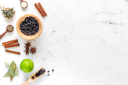 Cooking with spices, vanilla, cinnamon on kitchen stone table background top view mock-up
