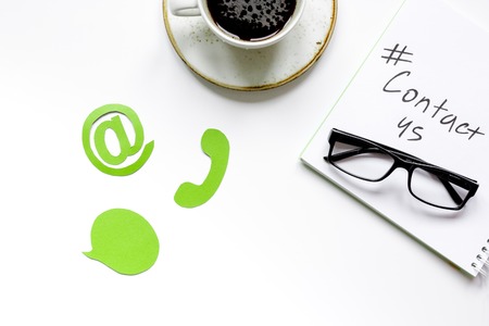 client support service workdesk with contact us signs white background top view