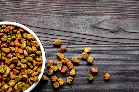 dry cat food in bowl on wooden background top view.の写真素材
