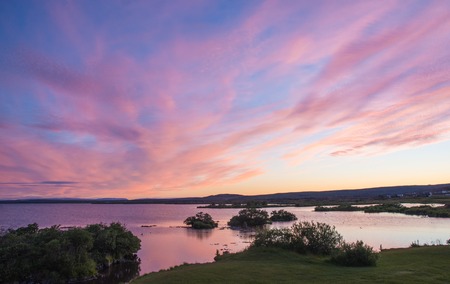 Sunset at Lake Myvatn in Northern Icelandの写真素材