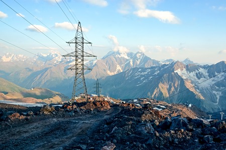Snow tops of high Mount Elbrus at sunset, mountain landscape, sights and natureの写真素材