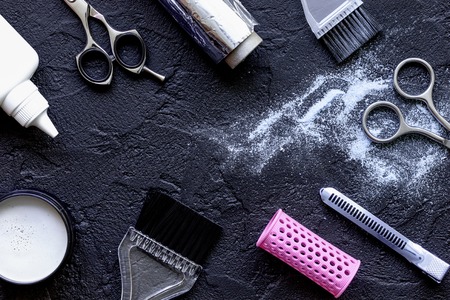 hairdresser profession select of hair color on dark background top viewの写真素材