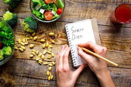 concept diet, slimming plan with vegetables top view mock upの写真素材