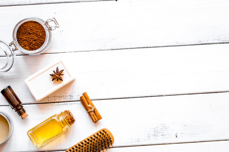 cosmetics for spa on wooden background top view.の写真素材