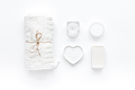 body care concept with white set of cosmetics woman desk top vieの写真素材