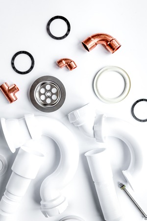 concept plumbing work top view on white backgroundの写真素材