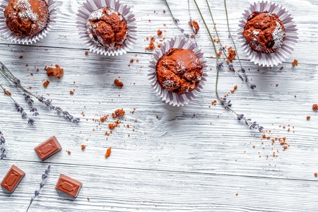 concept of Valentines Day cupcakes wooden background top viewの写真素材