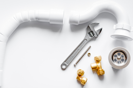 concept plumbing work top view on white backgroundの写真素材