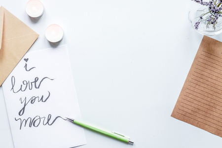 concept of Valentine Day love letter white background top viewの写真素材