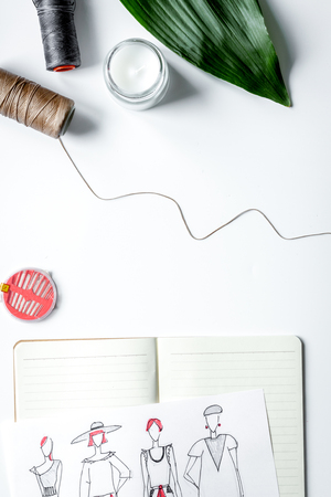 desktop designer clothes with tools top view mock upの写真素材