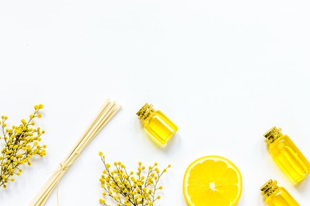 Natural set with organic oil on white  top view mockupの写真素材