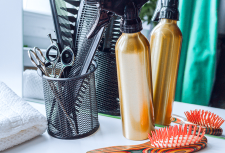 hairdresser working desk preparation for cutting hairの写真素材