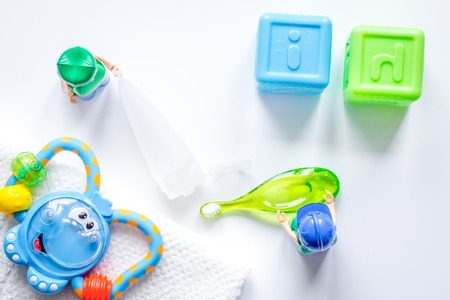 prevention and care childrens teeth white background top viewの写真素材