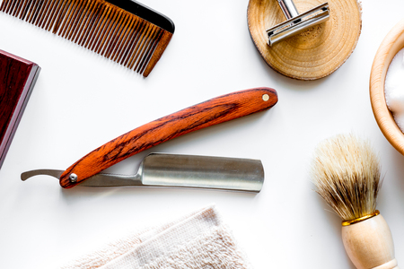 Mens hairdressing desktop with tools for shaving top viewの写真素材
