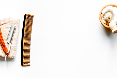 Mens hairdressing desktop with tools for shaving top viewの写真素材