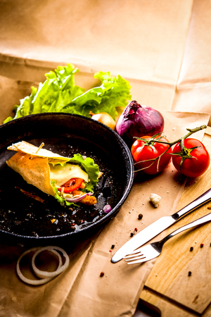 hot breakfast roll on cast-iron panの写真素材
