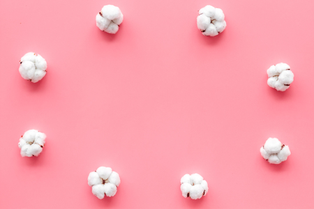 Flowers composition on pink desk with feucalyptus branches and cotton. Flat lay, top view, copy spaceの写真素材