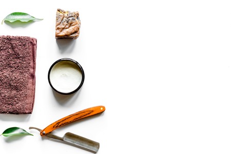 Mens hairdressing desktop with tools for shaving top viewの写真素材