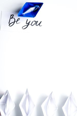 choice concept paper boats on white background top viewの写真素材