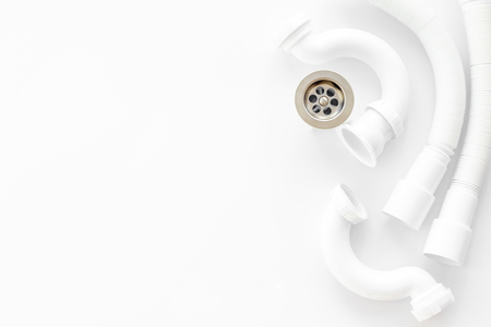 Plumber work with instruments, tools and gear on white background top view mockupの写真素材