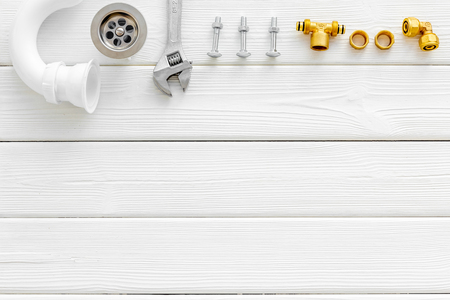 Plumber work with instruments, tools and gear on white  top view mock upの写真素材