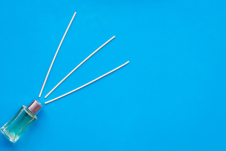 incense sticks for fresh air on blue background top view mock upの写真素材