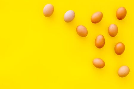 Blog pattern with eggs on yellow background top view copyspaceの写真素材