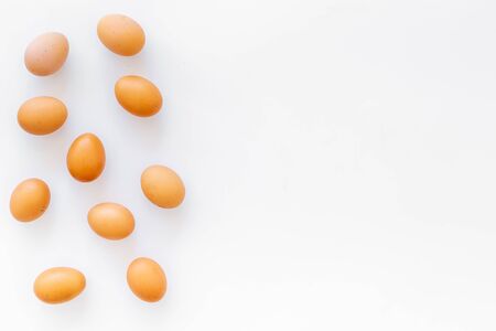 Farm products with eggs on white background top view mock up